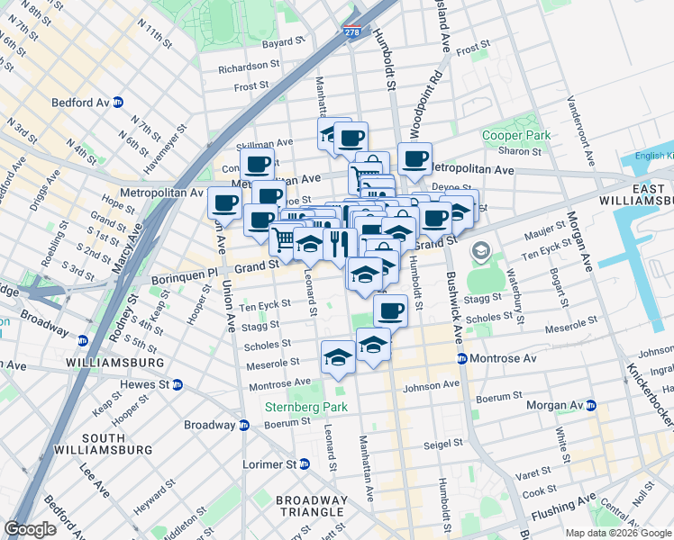 map of restaurants, bars, coffee shops, grocery stores, and more near 672 Grand Street in Brooklyn