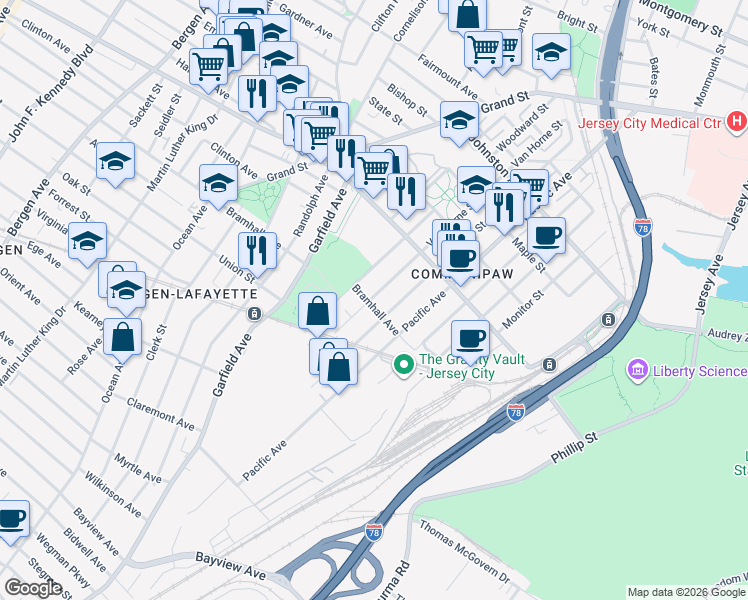 map of restaurants, bars, coffee shops, grocery stores, and more near 163 Van Horne Street in Jersey City