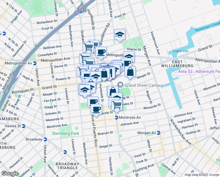 map of restaurants, bars, coffee shops, grocery stores, and more near 220 Maujer Street in Brooklyn