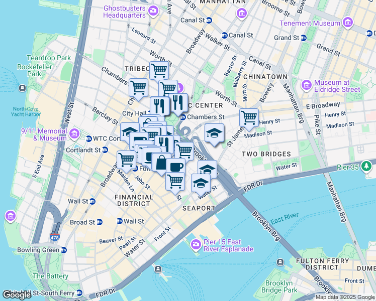 map of restaurants, bars, coffee shops, grocery stores, and more near Frankfort Street in New York