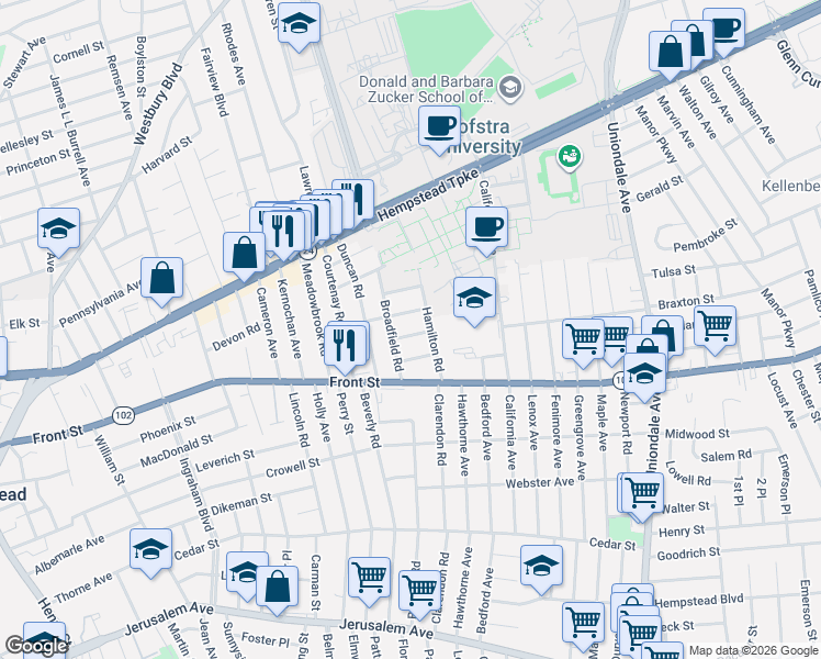 map of restaurants, bars, coffee shops, grocery stores, and more near 17 Hope Street in Hempstead