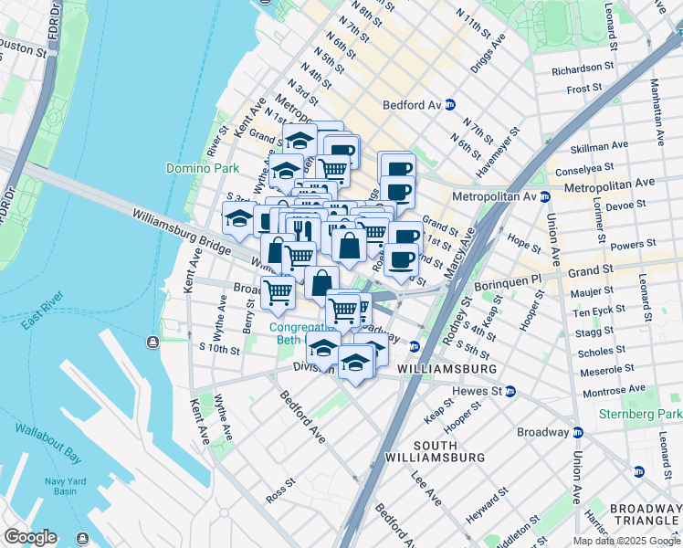 map of restaurants, bars, coffee shops, grocery stores, and more near 152 South 4th Street in Brooklyn