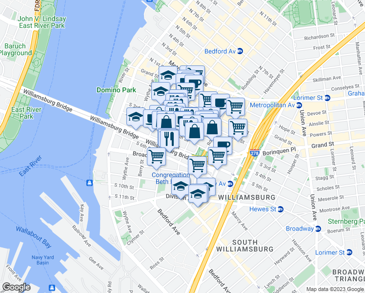 map of restaurants, bars, coffee shops, grocery stores, and more near 152 South 4th Street in Brooklyn