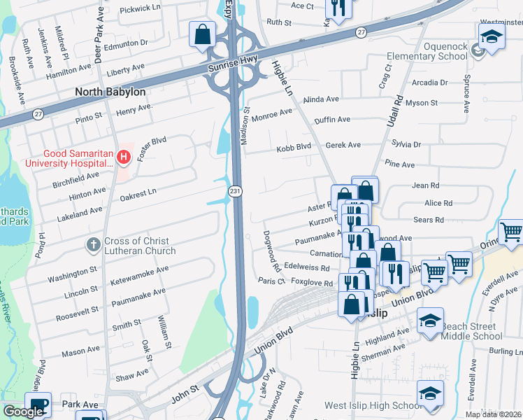 map of restaurants, bars, coffee shops, grocery stores, and more near 162 Raleigh Lane in West Islip