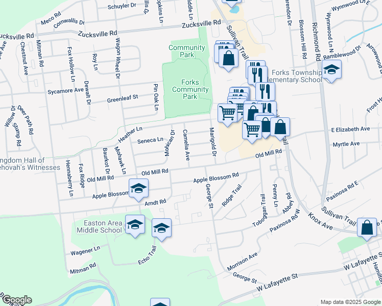 map of restaurants, bars, coffee shops, grocery stores, and more near 517 Clover Court in Easton
