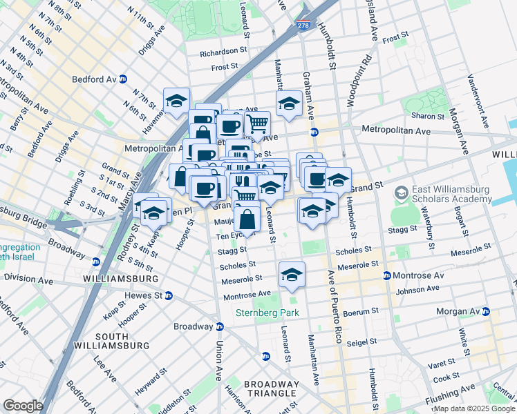 map of restaurants, bars, coffee shops, grocery stores, and more near 604 Grand Street in Brooklyn