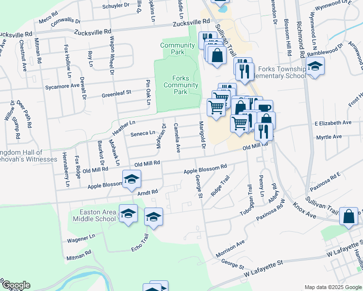 map of restaurants, bars, coffee shops, grocery stores, and more near 517 Clover Court in Easton