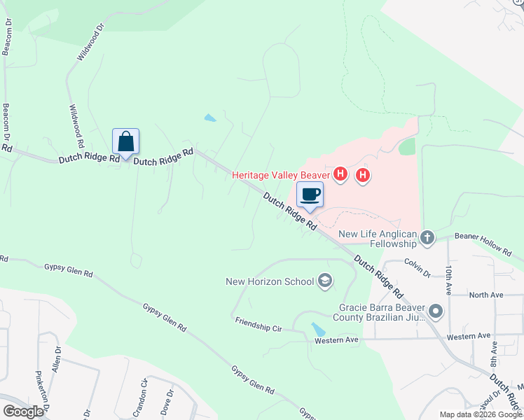 map of restaurants, bars, coffee shops, grocery stores, and more near 1215 Dutch Ridge Road in Beaver