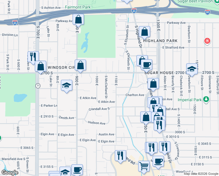 map of restaurants, bars, coffee shops, grocery stores, and more near 2745 McClelland Street East in Salt Lake City