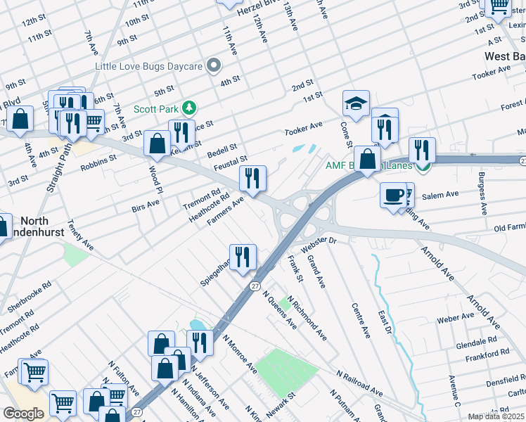 map of restaurants, bars, coffee shops, grocery stores, and more near 485 Babylon Farmingdale Road in West Babylon