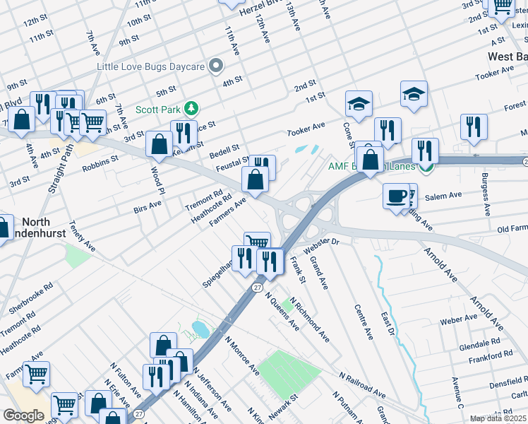 map of restaurants, bars, coffee shops, grocery stores, and more near 485 Babylon Farmingdale Road in West Babylon