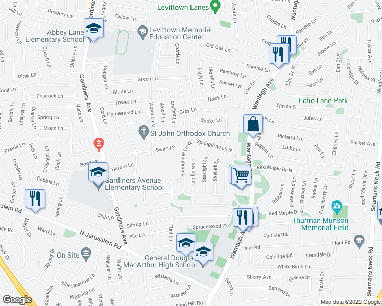 map of restaurants, bars, coffee shops, grocery stores, and more near 146 Springtime Lane West in Levittown