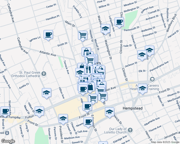 map of restaurants, bars, coffee shops, grocery stores, and more near 148 Main Street in Hempstead
