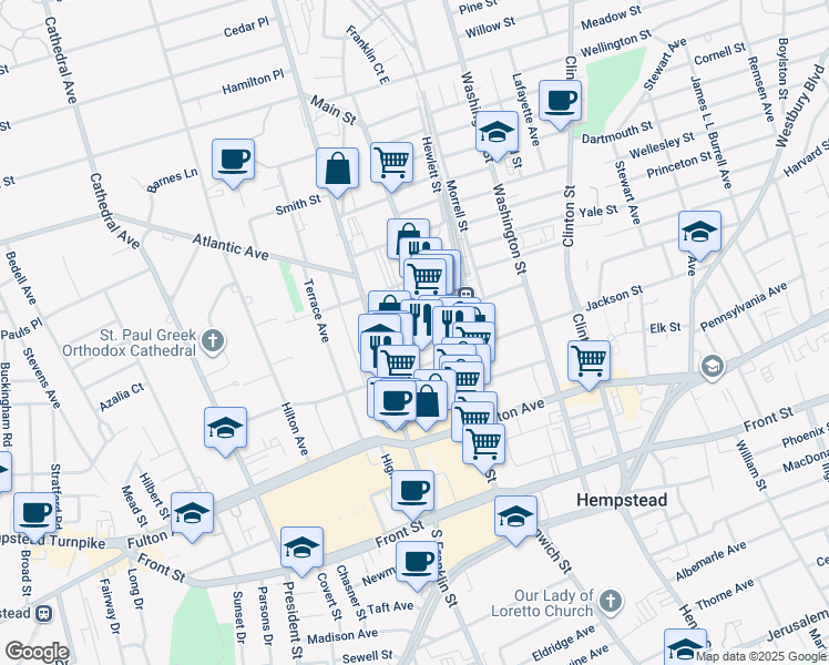 map of restaurants, bars, coffee shops, grocery stores, and more near 19 West Columbia Street in Hempstead