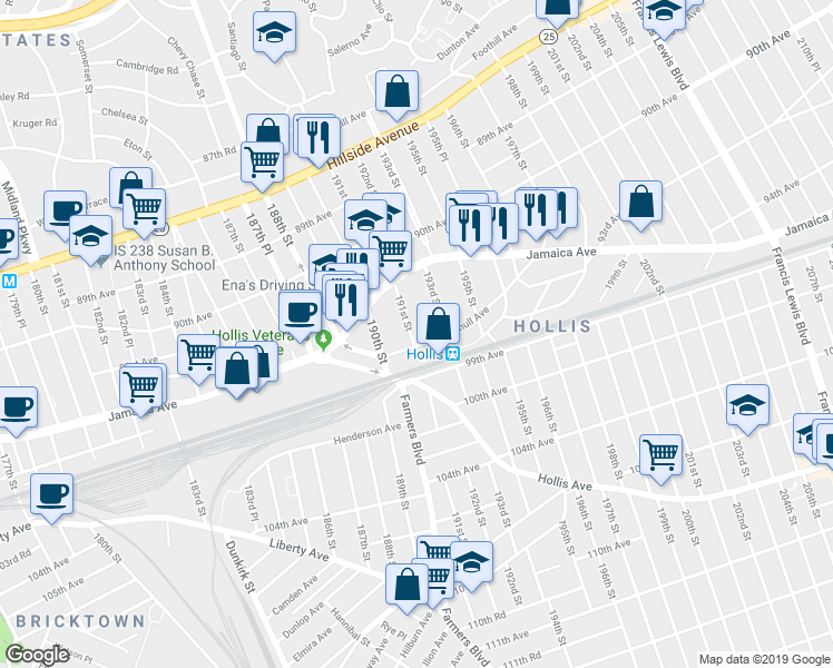 map of restaurants, bars, coffee shops, grocery stores, and more near 91-52 193rd Street in Queens