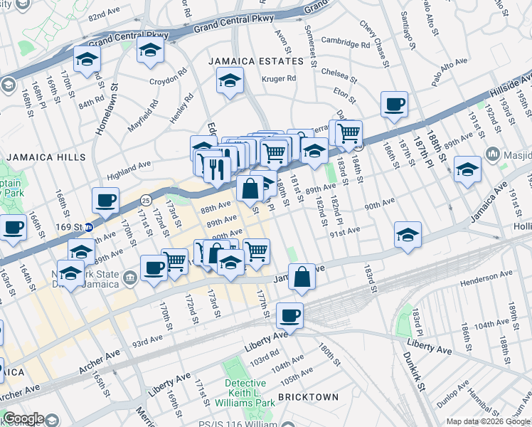 map of restaurants, bars, coffee shops, grocery stores, and more near 88-37 179th Street in Queens