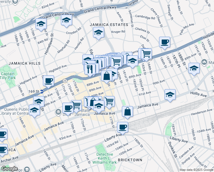 map of restaurants, bars, coffee shops, grocery stores, and more near 88-37 179th Street in Queens