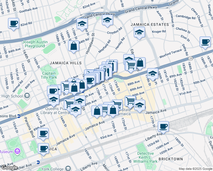 map of restaurants, bars, coffee shops, grocery stores, and more near 170-25 Hillside Avenue in Queens