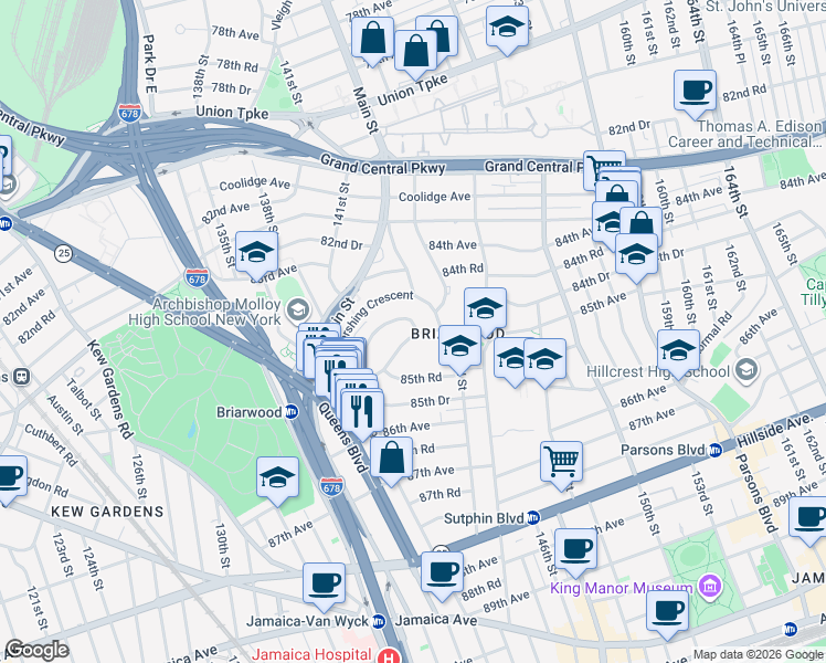 map of restaurants, bars, coffee shops, grocery stores, and more near 140-97 Burden Crescent in Queens