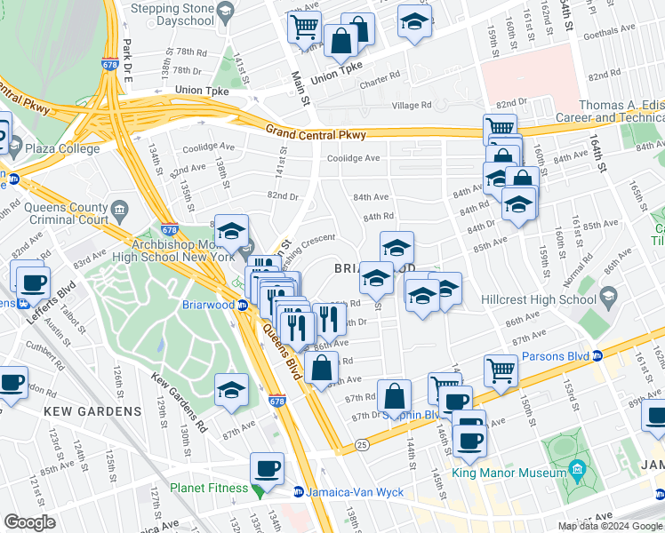 map of restaurants, bars, coffee shops, grocery stores, and more near 140-97 Burden Crescent in Queens
