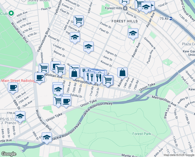 map of restaurants, bars, coffee shops, grocery stores, and more near 71-12 Manse Street in Queens