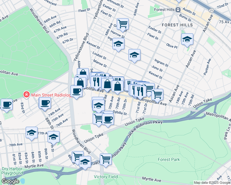 map of restaurants, bars, coffee shops, grocery stores, and more near 89-24 69th Road in Queens