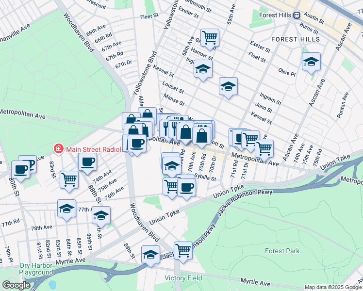map of restaurants, bars, coffee shops, grocery stores, and more near 8807 69th Avenue in Queens