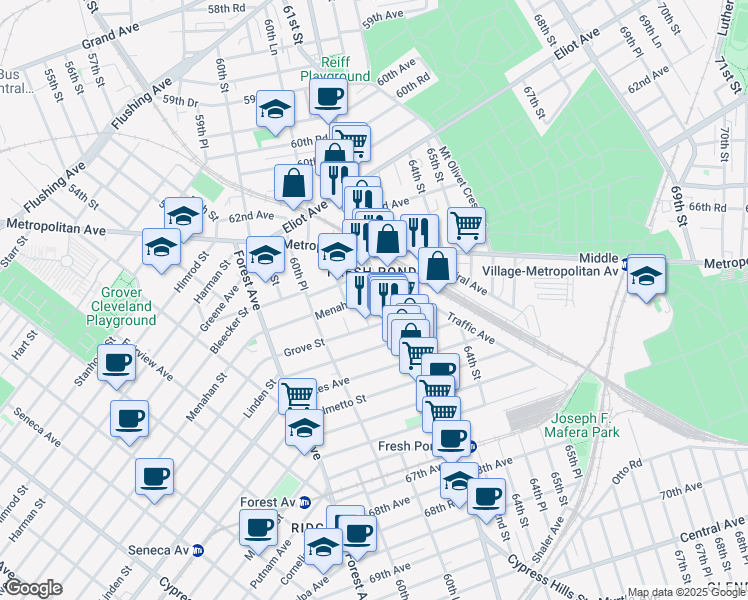 map of restaurants, bars, coffee shops, grocery stores, and more near 63-10 Fresh Pond Road in Queens