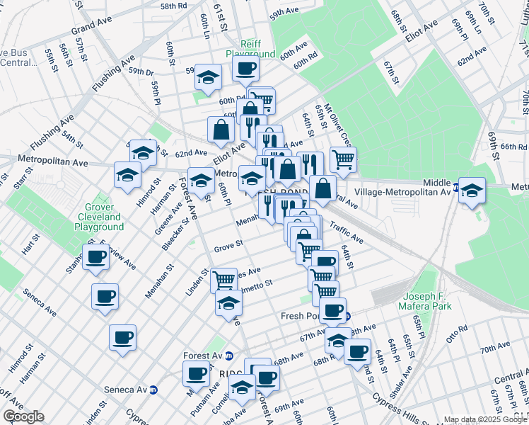 map of restaurants, bars, coffee shops, grocery stores, and more near 63-10 Fresh Pond Road in Queens