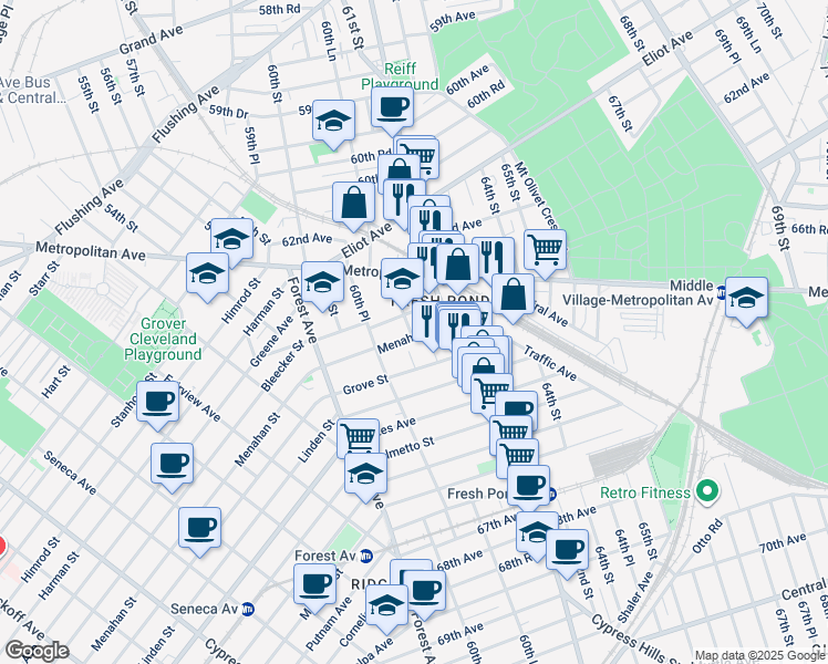 map of restaurants, bars, coffee shops, grocery stores, and more near 63-10 Fresh Pond Road in Queens
