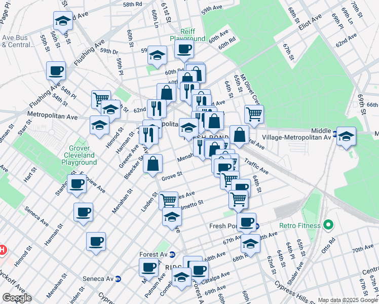 map of restaurants, bars, coffee shops, grocery stores, and more near 6222 61st Street in Queens