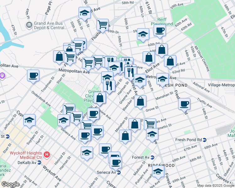 map of restaurants, bars, coffee shops, grocery stores, and more near 21-46 Himrod Street in Queens