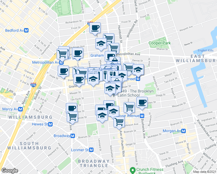 map of restaurants, bars, coffee shops, grocery stores, and more near 672 Grand Street in Brooklyn