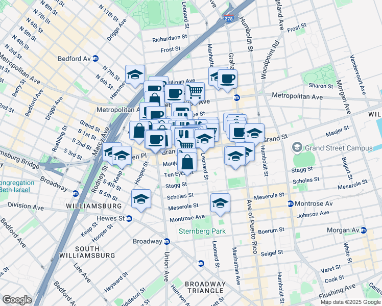 map of restaurants, bars, coffee shops, grocery stores, and more near 559 Grand Street in Brooklyn