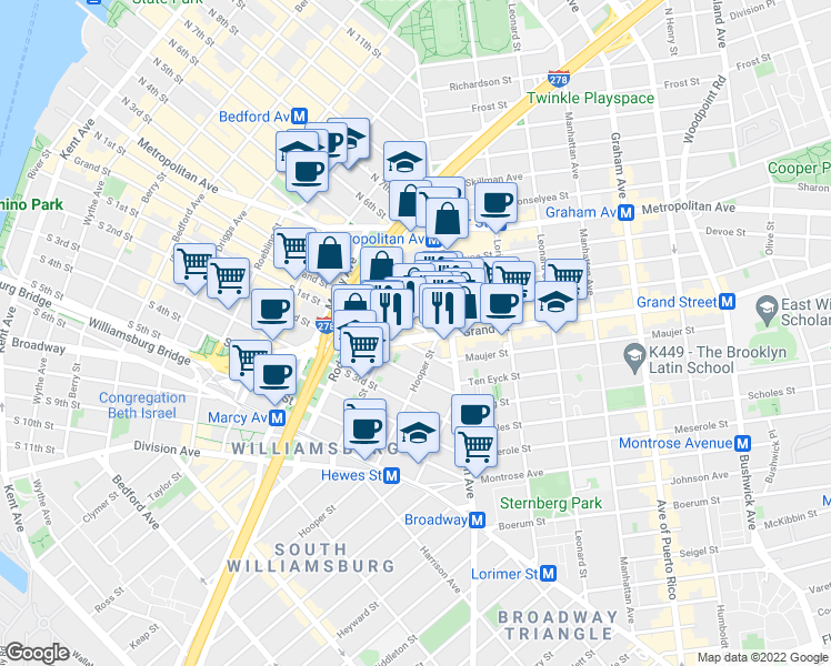 map of restaurants, bars, coffee shops, grocery stores, and more near 416 Keap Street in Brooklyn