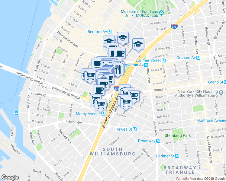 map of restaurants, bars, coffee shops, grocery stores, and more near 82 Marcy Avenue in Brooklyn