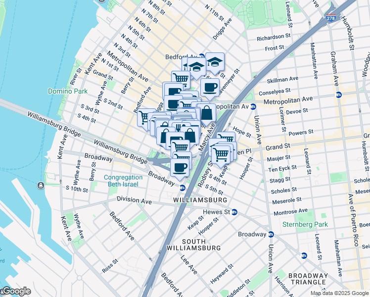 map of restaurants, bars, coffee shops, grocery stores, and more near 153 Havemeyer Street in Brooklyn
