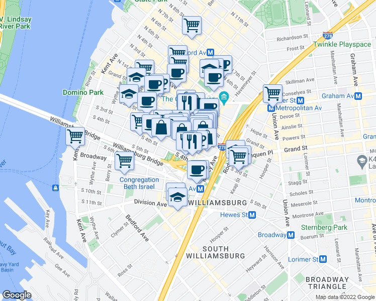 map of restaurants, bars, coffee shops, grocery stores, and more near 209 South 3rd Street in Brooklyn