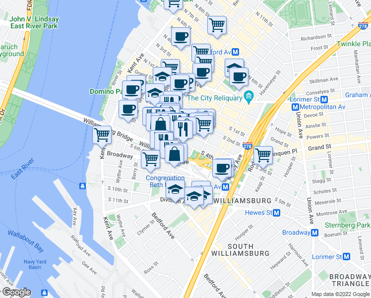 map of restaurants, bars, coffee shops, grocery stores, and more near 152 South 4th Street in Brooklyn