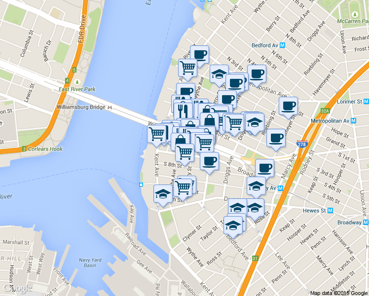 map of restaurants, bars, coffee shops, grocery stores, and more near in Brooklyn