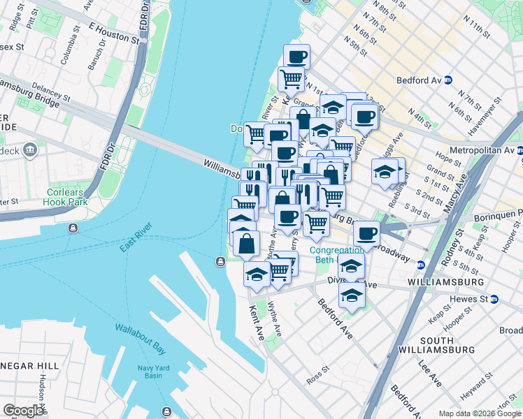 map of restaurants, bars, coffee shops, grocery stores, and more near 375 Kent Avenue in Brooklyn