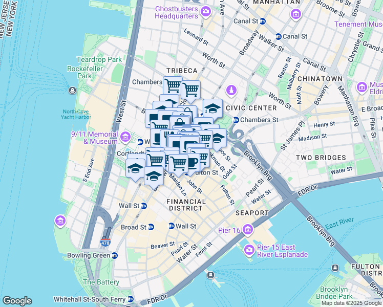 map of restaurants, bars, coffee shops, grocery stores, and more near 225 Broadway in New York