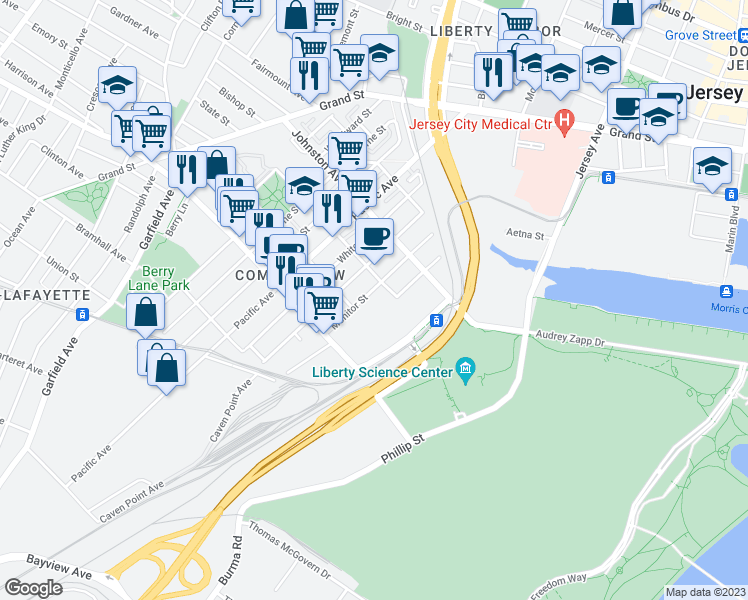 map of restaurants, bars, coffee shops, grocery stores, and more near 56 Maple Street in Jersey City