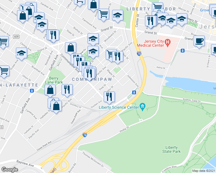 map of restaurants, bars, coffee shops, grocery stores, and more near 248 Pine Street in Jersey City