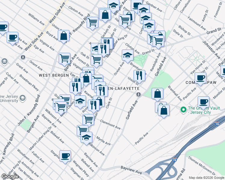 map of restaurants, bars, coffee shops, grocery stores, and more near in Jersey City