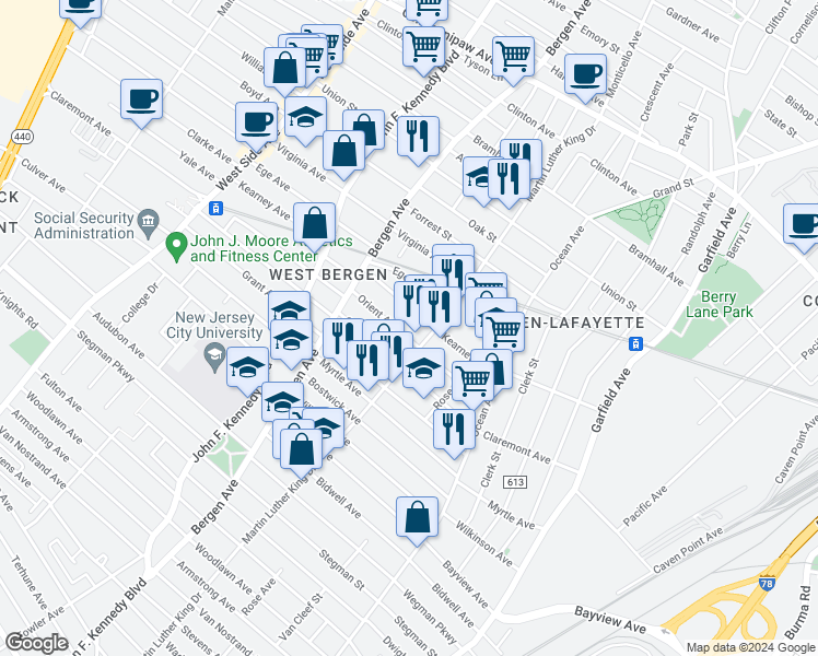 map of restaurants, bars, coffee shops, grocery stores, and more near 104 Orient Avenue in Jersey City