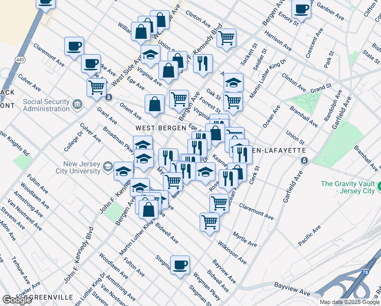 map of restaurants, bars, coffee shops, grocery stores, and more near 104 Orient Avenue in Jersey City