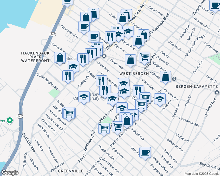 map of restaurants, bars, coffee shops, grocery stores, and more near 25 Broadman Parkway in Jersey City