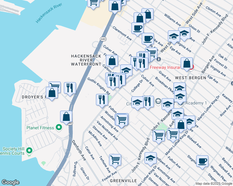 map of restaurants, bars, coffee shops, grocery stores, and more near 179 West Side Avenue in Jersey City