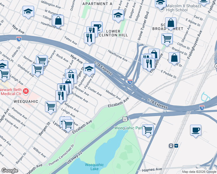 map of restaurants, bars, coffee shops, grocery stores, and more near 349 Ridgewood Avenue in Newark